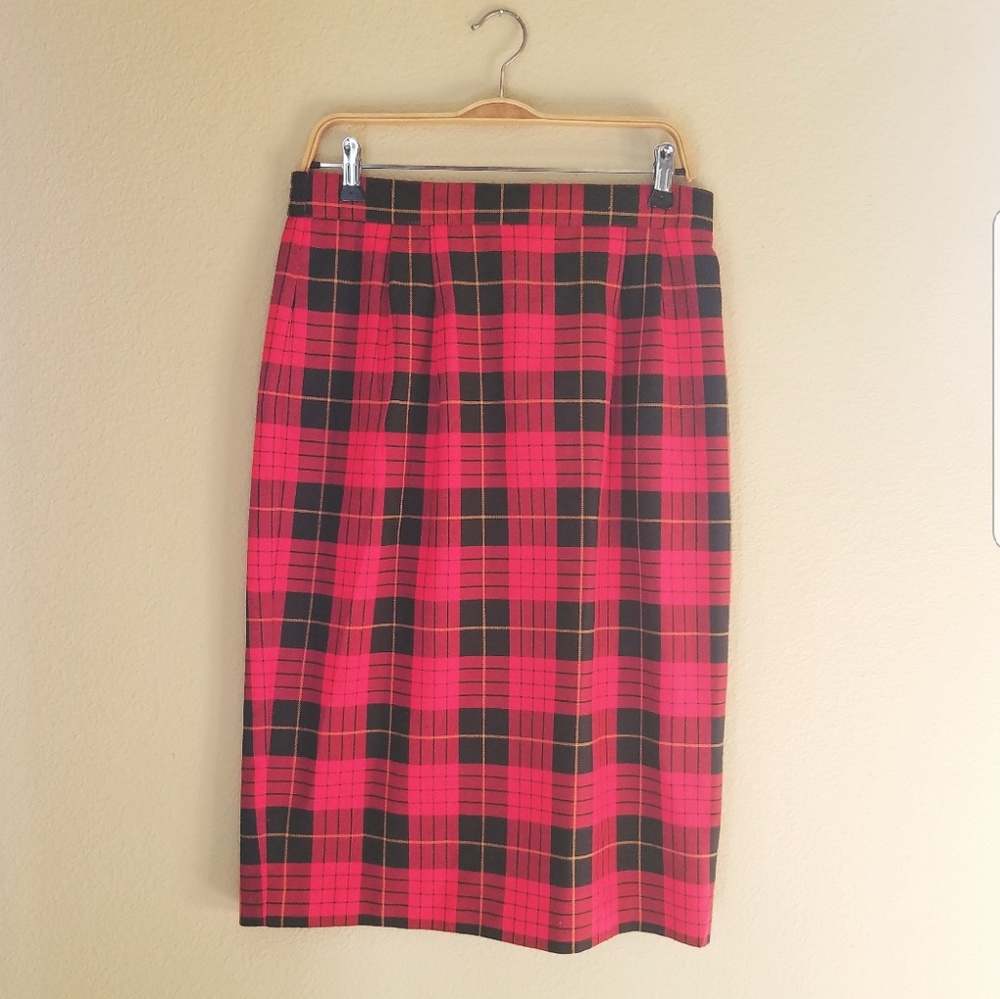 Vintage Red and Black Plaid Pencil Skirt L Size 12